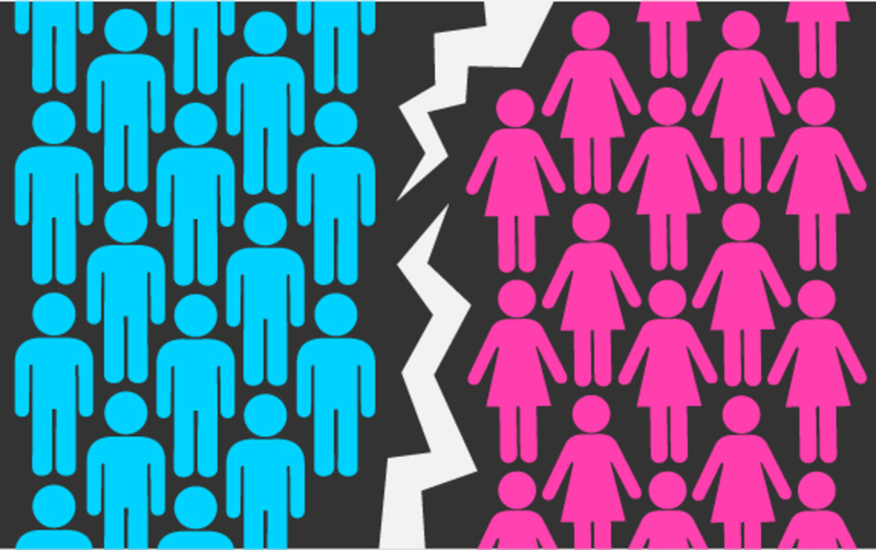 Blue male figures separated by pink female figures. Gender bias and distinction concept.