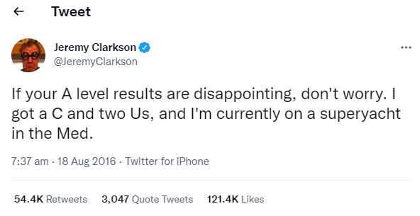 Jeremy Clarkson A Level Results Day Tweet